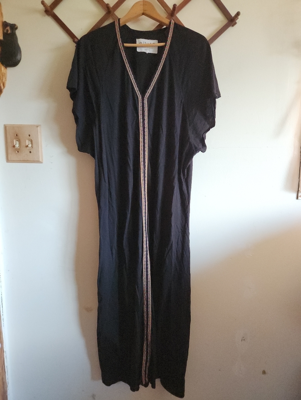 Pitusa Black Long Kaftan Maxi Dress Contrast Trim One Size Petite Cotton Modal